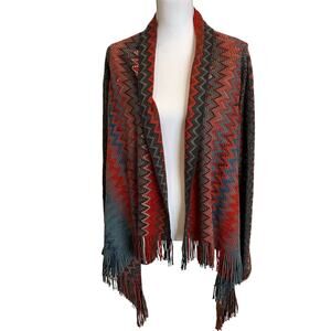 Maurices Aztec Cardigan XL Rust Blue Fringe Cascade Open Boho Sweater Duster
